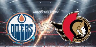 A widescreen image showing stylized logos of the Edmonton Oilers and Ottawa Senators colliding over a hockey rink, with "VS" in metallic text and sparks between them. The background is the Canadian Tire Centre, lit by spotlights, with Coca-Cola logos visible on the arena boards.