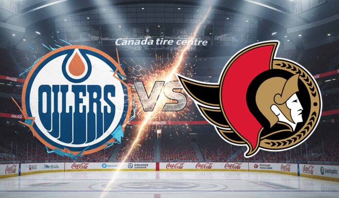 A widescreen image showing stylized logos of the Edmonton Oilers and Ottawa Senators colliding over a hockey rink, with "VS" in metallic text and sparks between them. The background is the Canadian Tire Centre, lit by spotlights, with Coca-Cola logos visible on the arena boards.