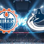 A stylized promotional graphic showing the Edmonton Oilers logo and the Vancouver Canucks logo colliding, with 'VS' in the center, inside a packed Rogers Arena with spotlights.