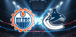 A stylized promotional graphic showing the Edmonton Oilers logo and the Vancouver Canucks logo colliding, with 'VS' in the center, inside a packed Rogers Arena with spotlights.
