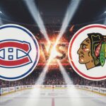 Stylized logos of the Montreal Canadiens and Chicago Blackhawks colliding with a "Vs" in between, set against the backdrop of the United Center.