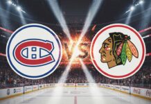Stylized logos of the Montreal Canadiens and Chicago Blackhawks colliding with a "Vs" in between, set against the backdrop of the United Center.