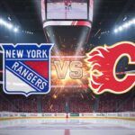 A wide-angle, stylized image featuring the New York Rangers logo on the left and the Calgary Flames logo on the right, with a "VS" graphic in between them, all set against a spotlight-illuminated interior of an empty hockey arena with a large jumbotron above center ice.