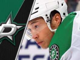 Dallas Stars forward Jason Robertson, in uniform, looking focused on the ice during an NHL game, amid ongoing speculation about his contract and trade status.