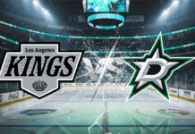A stylized image of the Los Angeles Kings and Dallas Stars logos colliding at center ice in a hockey arena, with the word 'VS' between them.