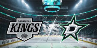 A stylized image of the Los Angeles Kings and Dallas Stars logos colliding at center ice in a hockey arena, with the word 'VS' between them.
