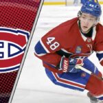 Lane Hutson skating in a Montreal Canadiens jersey contemplating his next contract negotiation amidst rising NHL salaries.