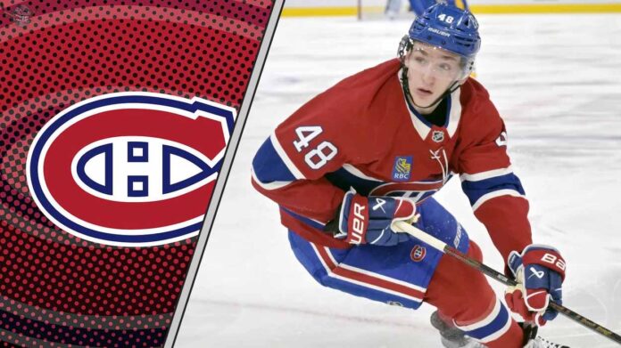 Lane Hutson skating in a Montreal Canadiens jersey contemplating his next contract negotiation amidst rising NHL salaries.