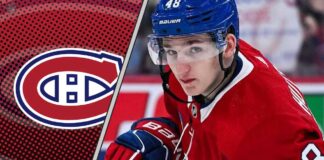 Lane Hutson, Montreal Canadiens defenseman, in action with a puck.