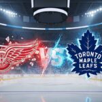 A widescreen promotional image for a hockey game between the Detroit Red Wings and the Toronto Maple Leafs. At center ice of the Maple Leafs' home arena, the stylized, glowing red logo of the Red Wings collides with the glowing blue logo of the Leafs, with the word 'VS' between them.