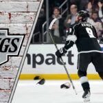 Los Angeles Kings' Adrian Kempe skates with the puck during an NHL game, contemplating his future with the team amidst contract negotiations.