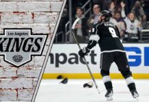 Los Angeles Kings' Adrian Kempe skates with the puck during an NHL game, contemplating his future with the team amidst contract negotiations.