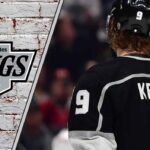Los Angeles Kings forward Adrian Kempe celebrating a goal on the ice at Crypto.com Arena.