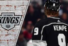 Los Angeles Kings forward Adrian Kempe celebrating a goal on the ice at Crypto.com Arena.