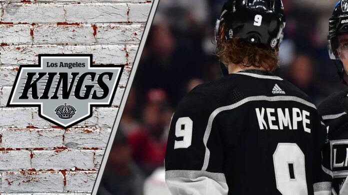 los-angeles-kings-forward-adrian-kempe-celebrates-goal Los Angeles Kings forward Adrian Kempe celebrating a goal on the ice at Crypto.com Arena.