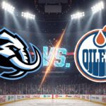 A widescreen digital graphic showing a stylized Utah Mammoth logo and the Edmonton Oilers logo colliding, with the word 'VS.' crackling with blue light between them.