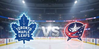 A stylized graphic of the Toronto Maple Leafs and Columbus Blue Jackets logos facing each other at center ice, with "VS" between them, inside a packed hockey arena.