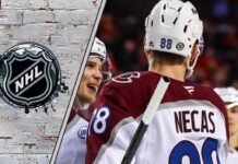 Colorado Avalanche forward Martin Necas celebrates a goal during an NHL game as NHL trade rumors float around