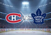 Image featuring the Montreal Canadiens logo on the left and the Toronto Maple Leafs logo on the right, with "Vs." rendered in a gritty, impactful style between them. Sparks and debris erupt from the "Vs." as if the logos are colliding.
