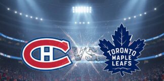 Image featuring the Montreal Canadiens logo on the left and the Toronto Maple Leafs logo on the right, with "Vs." rendered in a gritty, impactful style between them. Sparks and debris erupt from the "Vs." as if the logos are colliding.