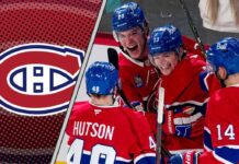 Montreal Canadiens players celebrating a goal signifying the elite talent of the team.