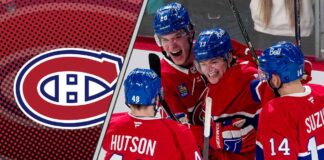 Montreal Canadiens players celebrating a goal signifying the elite talent of the team.