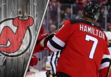 An image of New Jersey Devils defensemen Dougie Hamilton on the ice, representing the team's salary cap challenges.