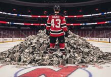 Luke Hughes of the New Jersey Devils Stands in front of a giant pile of money on the ice at his home arena.