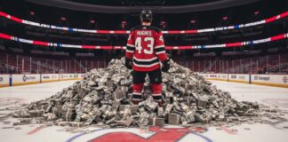 Luke Hughes of the New Jersey Devils Stands in front of a giant pile of money on the ice at his home arena.
