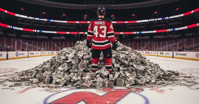 Luke Hughes of the New Jersey Devils Stands in front of a giant pile of money on the ice at his home arena.