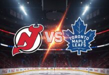 A dynamic graphic showing the New Jersey Devils and Toronto Maple Leafs logos colliding, with a fiery 'VS' in between them, set against the backdrop of a brightly lit hockey arena with Coca-Cola logos on the boards.