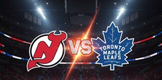 A dynamic graphic showing the New Jersey Devils and Toronto Maple Leafs logos colliding, with a fiery 'VS' in between them, set against the backdrop of a brightly lit hockey arena with Coca-Cola logos on the boards.
