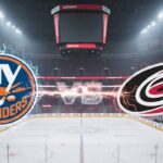 Stylized New York Islanders and Carolina Hurricanes logos colliding with 'Vs' in an NHL arena with spotlights.