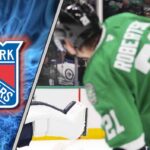 New York Rangers logo, with an image of Jason Robertson to the right, representing a potential trade.