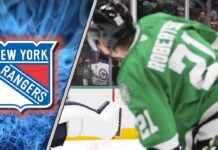 New York Rangers logo, with an image of Jason Robertson to the right, representing a potential trade.