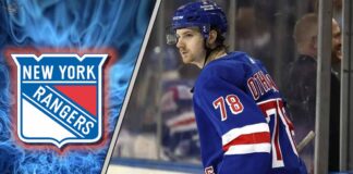 New York Rangers prospect Brennan Othmann skates during his recall, facing an uncertain future amid NHL trade rumors.