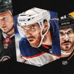 A collage of NHL stars defining the 2025-26 season, featuring Sidney Crosby, Connor McDavid, and Kirill Kaprizov.