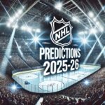Panoramic view of a brightly lit NHL ice hockey arena filled with cheering fans. The ice rink is centered under dramatic spotlights, and large bold text reading 'NHL Predictions 2025-26' is overlaid prominently across the image, conveying excitement and anticipation for the upcoming season.