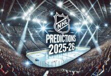 Panoramic view of a brightly lit NHL ice hockey arena filled with cheering fans. The ice rink is centered under dramatic spotlights, and large bold text reading 'NHL Predictions 2025-26' is overlaid prominently across the image, conveying excitement and anticipation for the upcoming season.