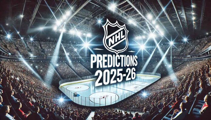 Panoramic view of a brightly lit NHL ice hockey arena filled with cheering fans. The ice rink is centered under dramatic spotlights, and large bold text reading 'NHL Predictions 2025-26' is overlaid prominently across the image, conveying excitement and anticipation for the upcoming season.