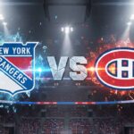 How to Watch Rangers vs Canadiens Tonight: TV Channels & Streaming Info A stylized graphic of the New York Rangers and Montreal Canadiens logos colliding over the center ice of a hockey arena. The word 'VS' is positioned between the logos, with all three elements illuminated by bright spotlights from above.