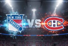 A stylized graphic of the New York Rangers and Montreal Canadiens logos colliding over the center ice of a hockey arena. The word 'VS' is positioned between the logos, with all three elements illuminated by bright spotlights from above.