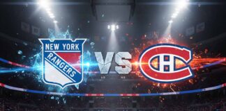 A stylized graphic of the New York Rangers and Montreal Canadiens logos colliding over the center ice of a hockey arena. The word 'VS' is positioned between the logos, with all three elements illuminated by bright spotlights from above.