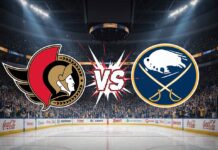 An image featuring the Ottawa Senators logo on the left and the Buffalo Sabres logo on the right, with "VS" text in a dynamic, starburst shape between them.