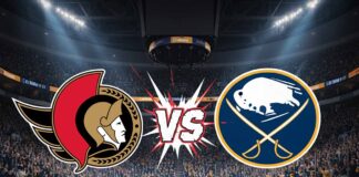 An image featuring the Ottawa Senators logo on the left and the Buffalo Sabres logo on the right, with "VS" text in a dynamic, starburst shape between them.