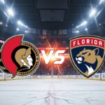 An action shot of the Ottawa Senators and Florida Panthers facing off on the ice, with the team logos prominently displayed.