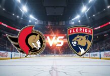 An action shot of the Ottawa Senators and Florida Panthers facing off on the ice, with the team logos prominently displayed.