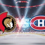Action shot of the Ottawa Senators and Montreal Canadiens facing off on the ice, with the Bell Centre crowd in the background.