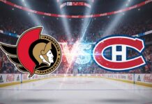Action shot of the Ottawa Senators and Montreal Canadiens facing off on the ice, with the Bell Centre crowd in the background.