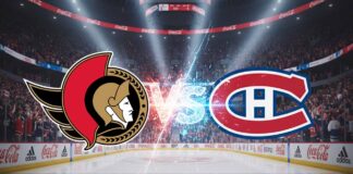 Action shot of the Ottawa Senators and Montreal Canadiens facing off on the ice, with the Bell Centre crowd in the background.